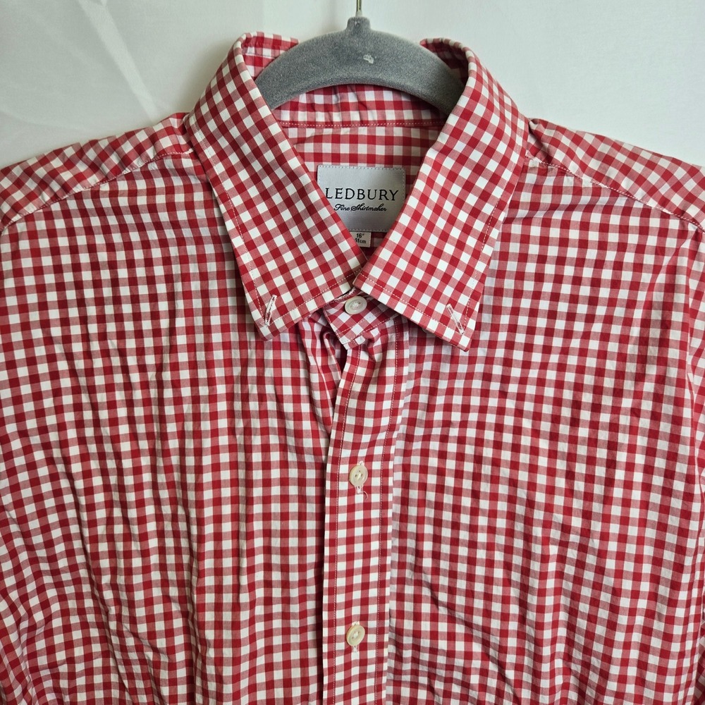 Ledbury Fine Shirtmaker Checked Button-Down Shirt, Red White, Large 16"‎ 41cm